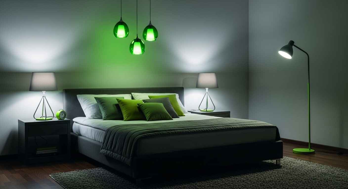 Contemporary green and gray bedroom with a set of three lamps with gray shades, green glass pendant lights, and a gray floor lamp with a green base.