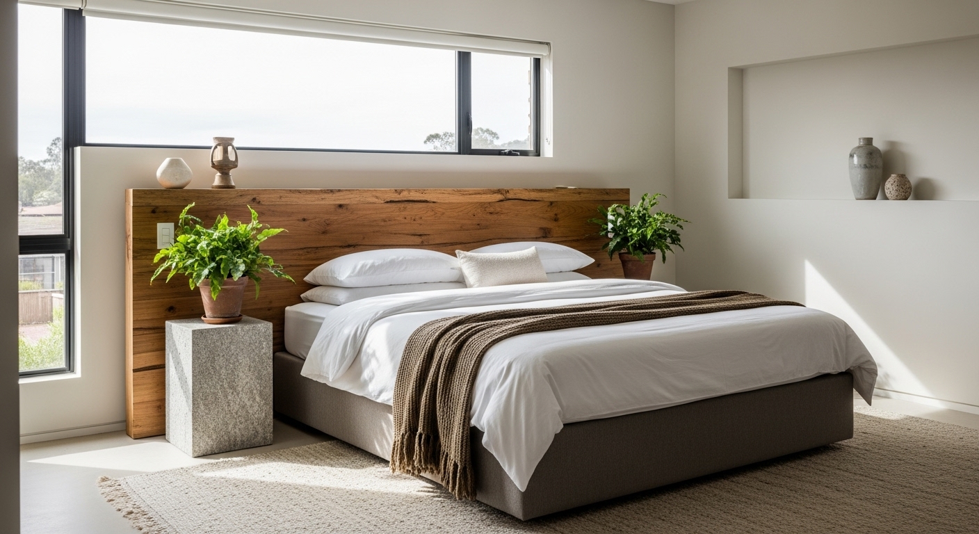 Neutral-themed bedroom decorated with wood, stone, and indoor plants for a modern natural look