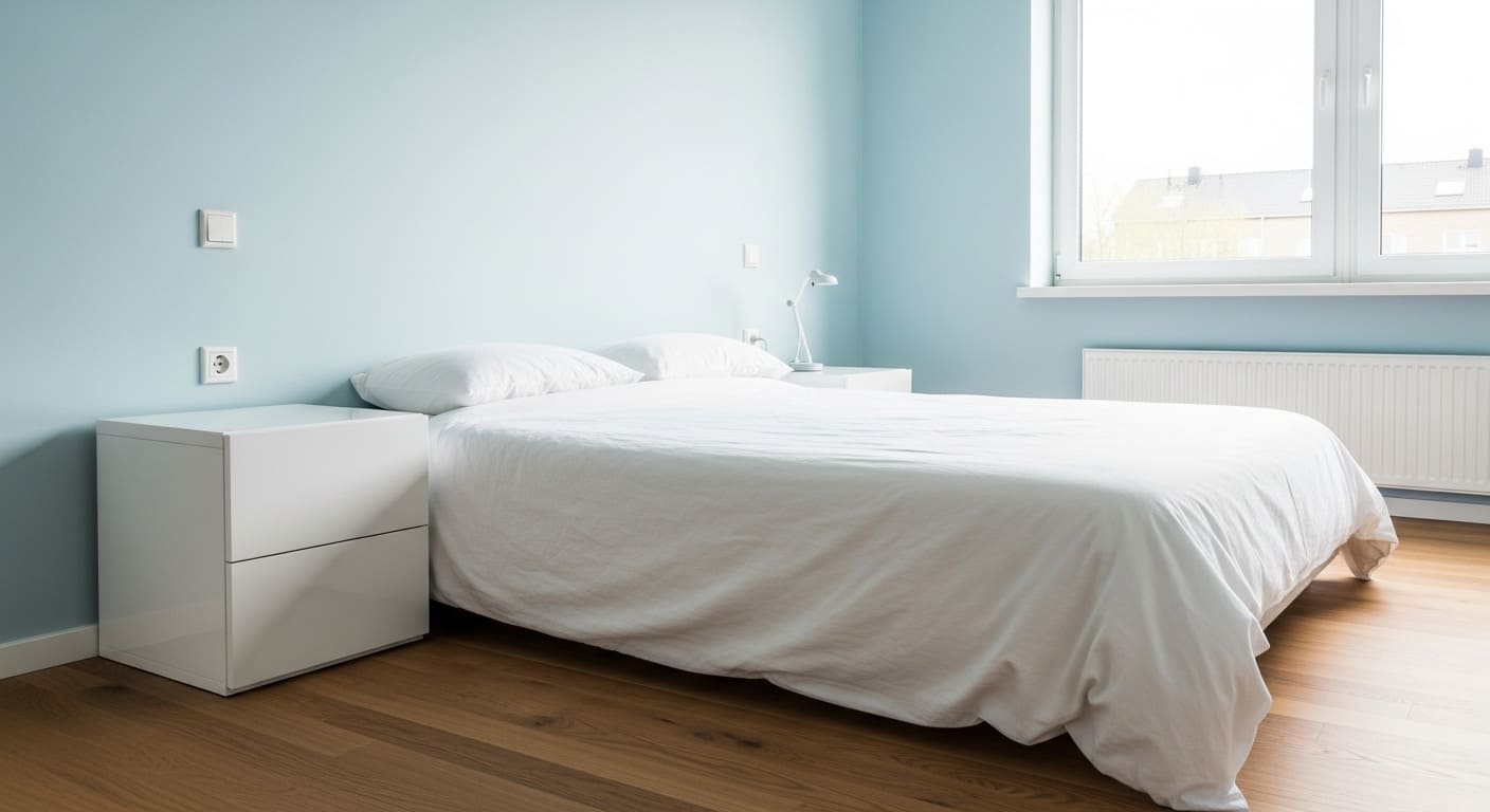 Minimalist Scandinavian bedroom with light blue walls, wooden flooring, and sleek white furniture.