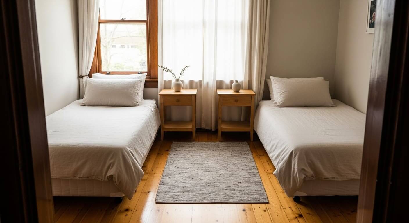 Twin beds placed side by side in a parallel arrangement with open floor space in the middle