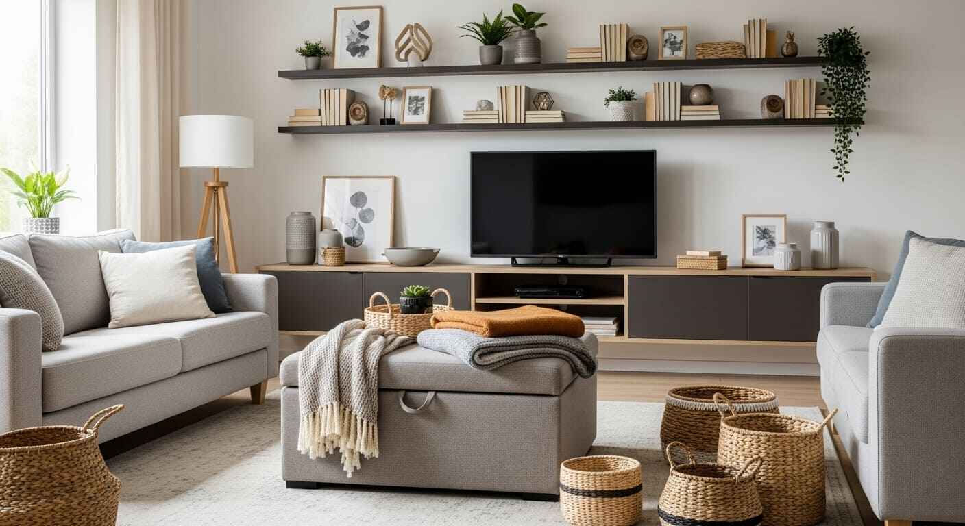 Stylish living room with ottoman storage, decorative baskets, and a sleek media console with closed storage for electronics.