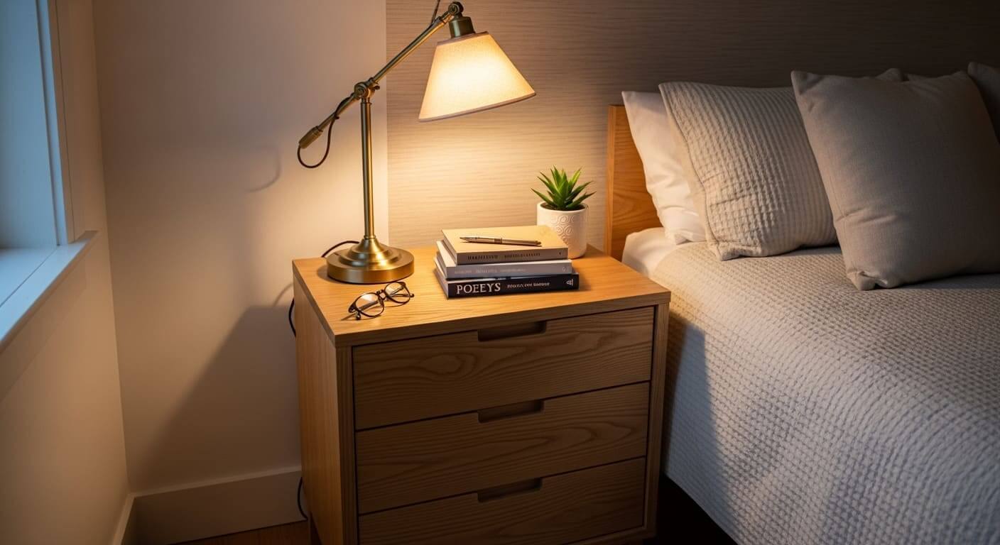 A small dresser positioned next to the bed, doubling as a nightstand in a compact bedroom.