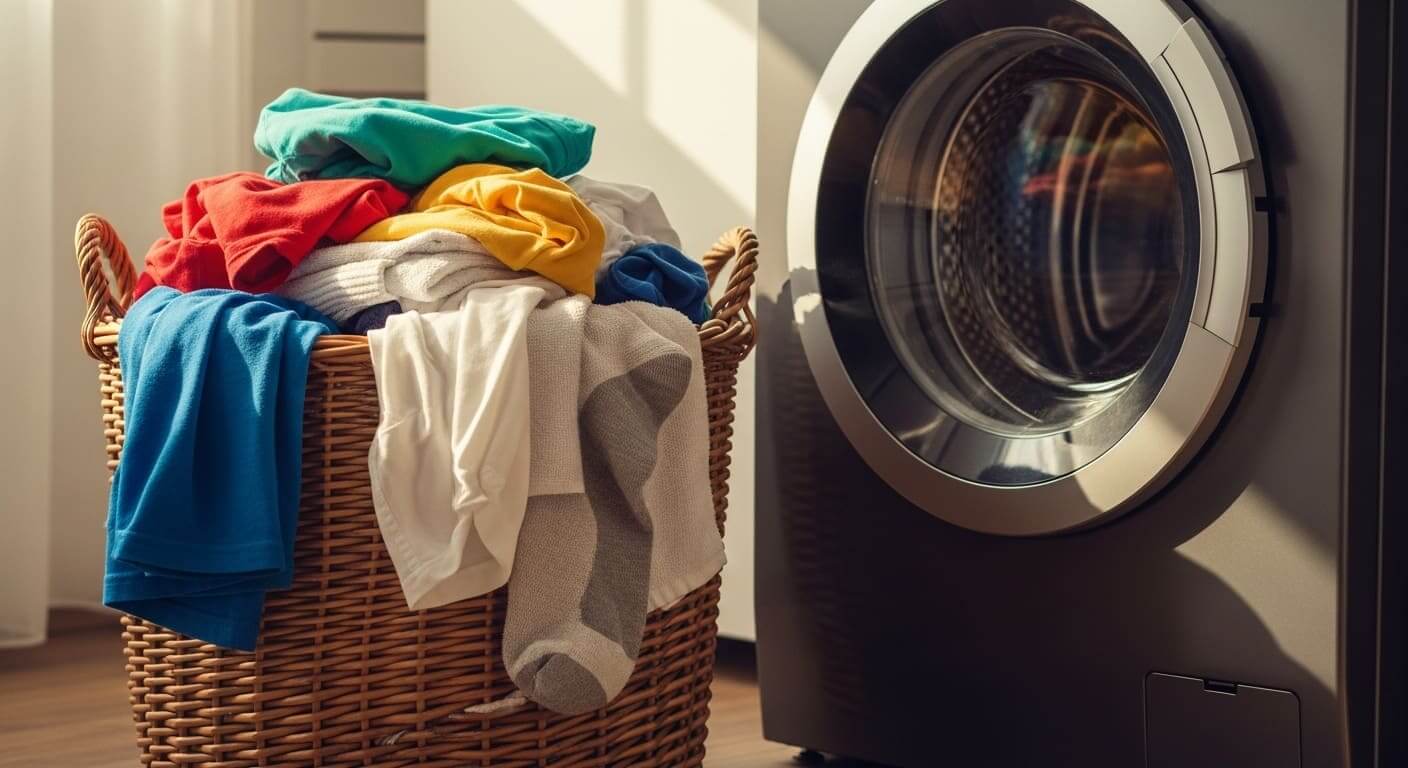 Laundry basket filled with clothes next to a washing machine in a cozy home setting.