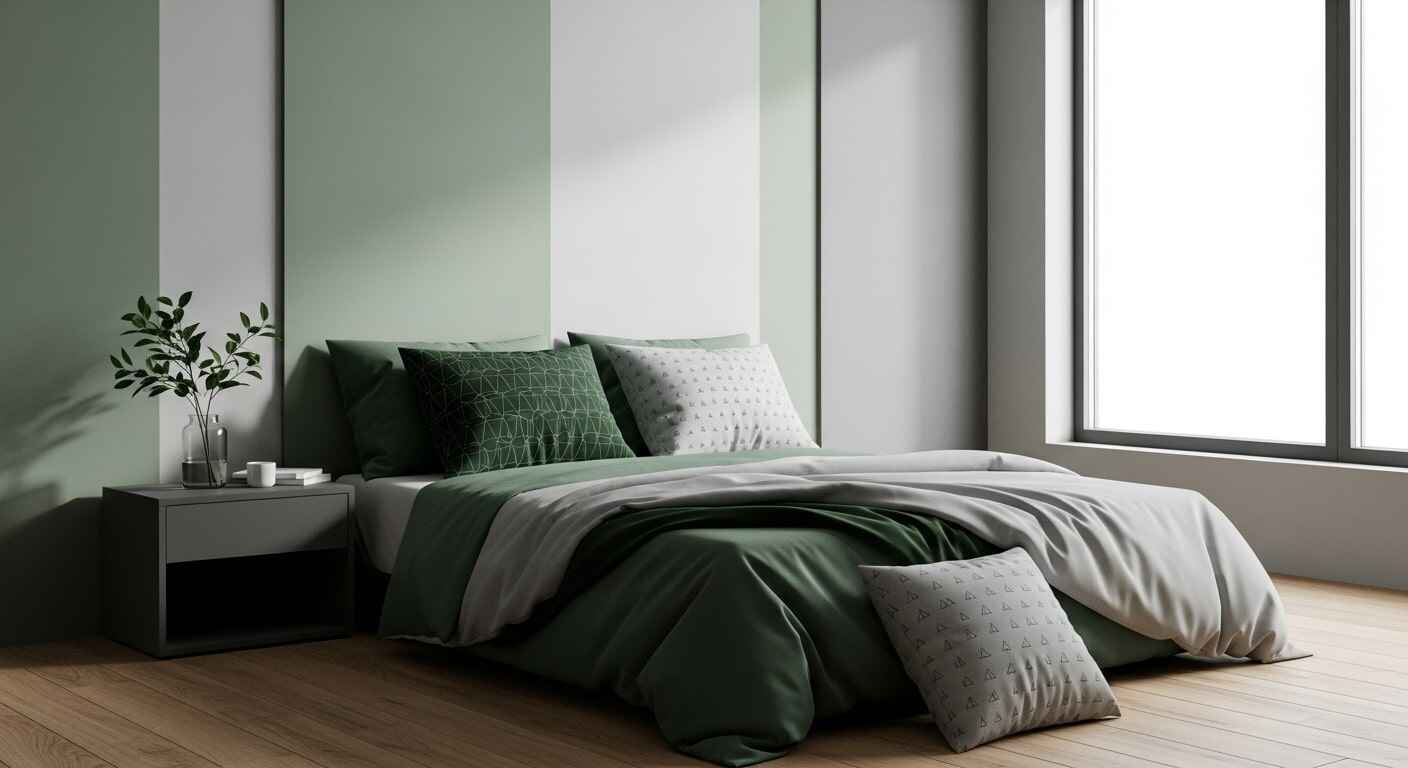 Minimalist green and gray bedroom with clean-lined furniture, monochromatic color palette, and geometric patterned accents.