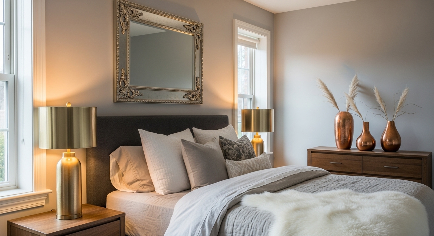 Elegant bedroom interior featuring gold, silver, and copper metallic accents for a chic modern look