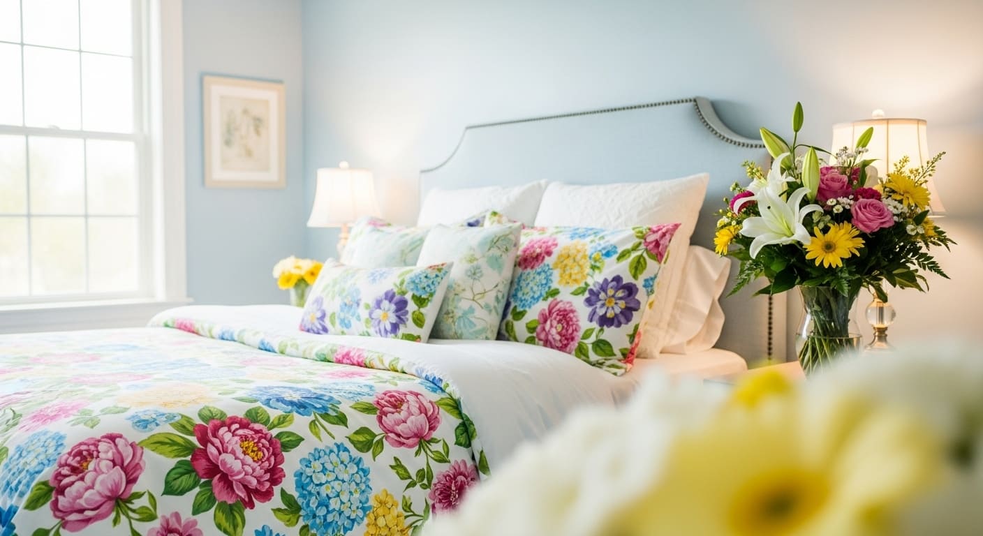 Bedroom with light blue walls and colorful floral bedding, fresh flowers on nightstand.