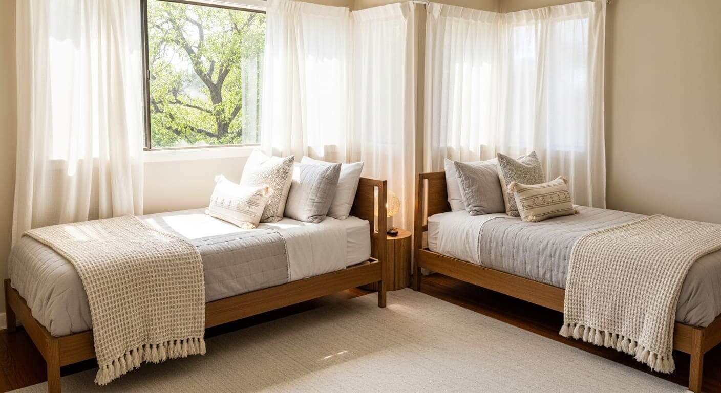 Twin beds in an L-shaped arrangement forming a cozy bedroom corner with space-saving design