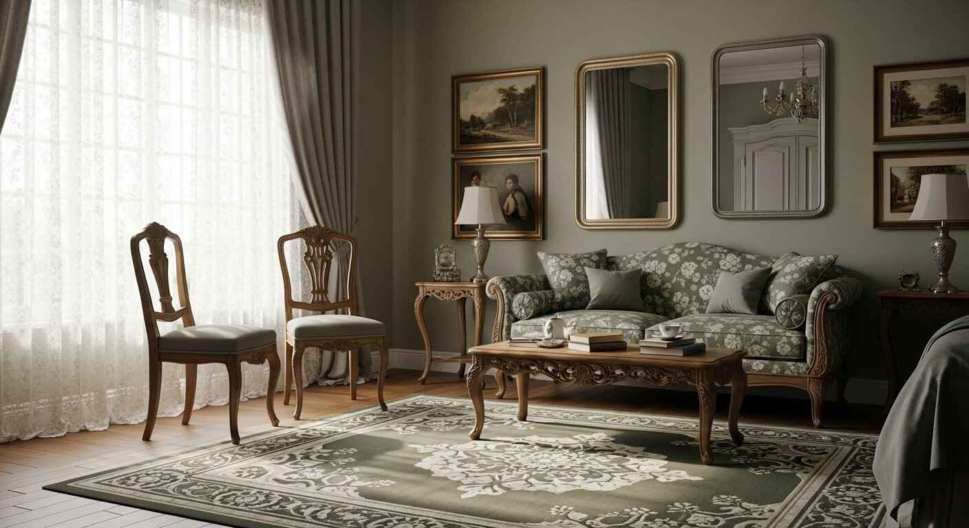  Elegant green and gray bedroom featuring wooden framed chairs with carvings, a floral couch, and classic wall art with mirrors.