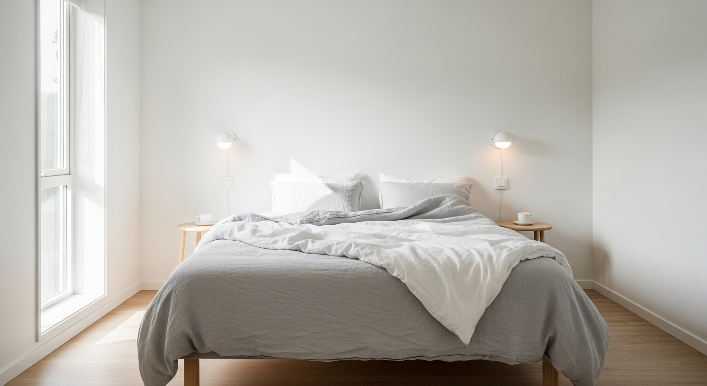 Bright and airy Scandinavian bedroom with light colors, simple decor, and natural textures