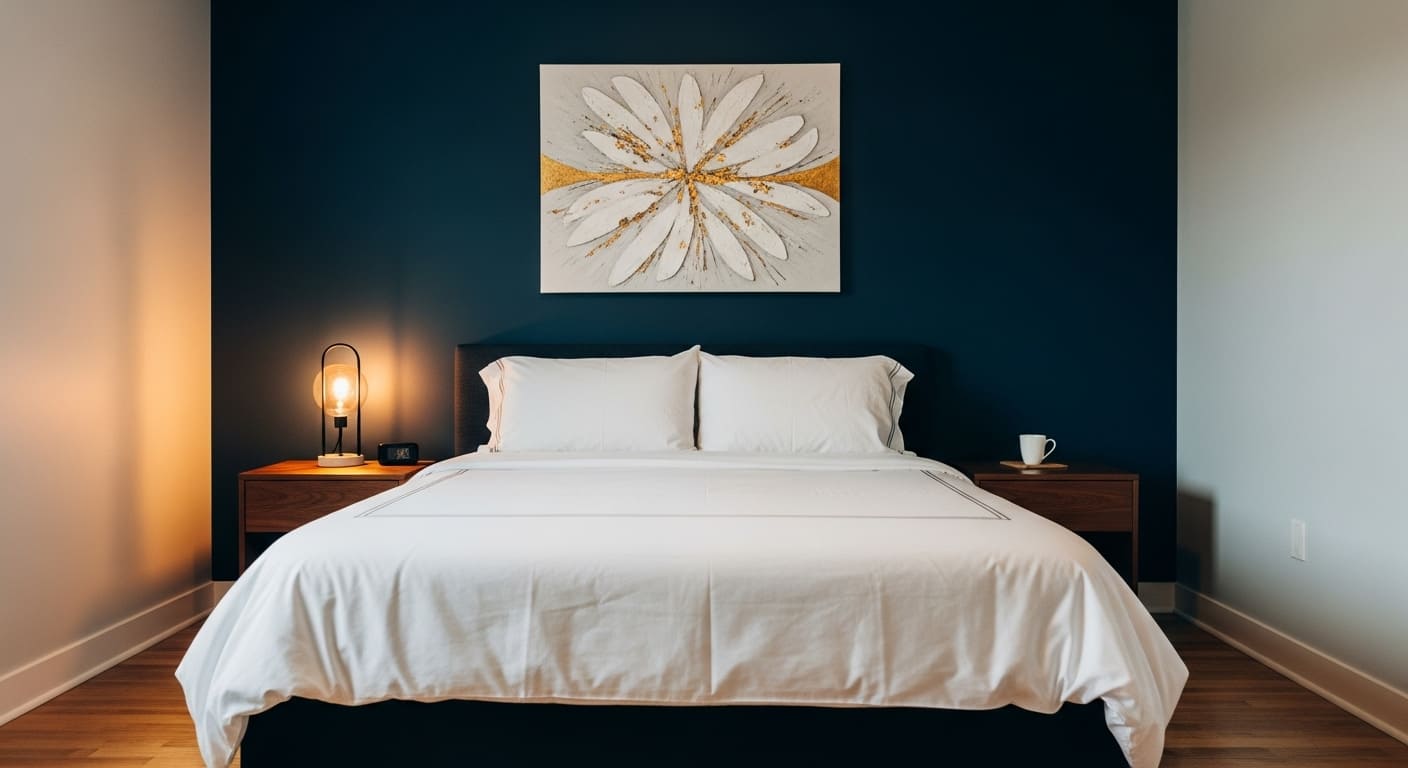 Modern bedroom with navy blue accent wall behind bed and white decor.