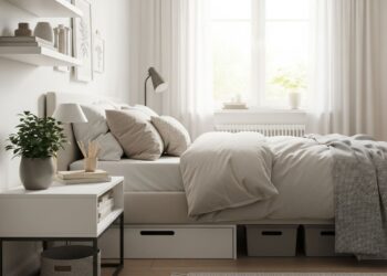 A bright, well-organized bedroom with a neatly made bed, minimalist decor, and clever storage solutions like under-bed containers and floating shelves. The room is tidy and visually appealing, representing the a complete guide to room organization.