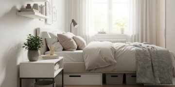 A bright, well-organized bedroom with a neatly made bed, minimalist decor, and clever storage solutions like under-bed containers and floating shelves. The room is tidy and visually appealing, representing the a complete guide to room organization.