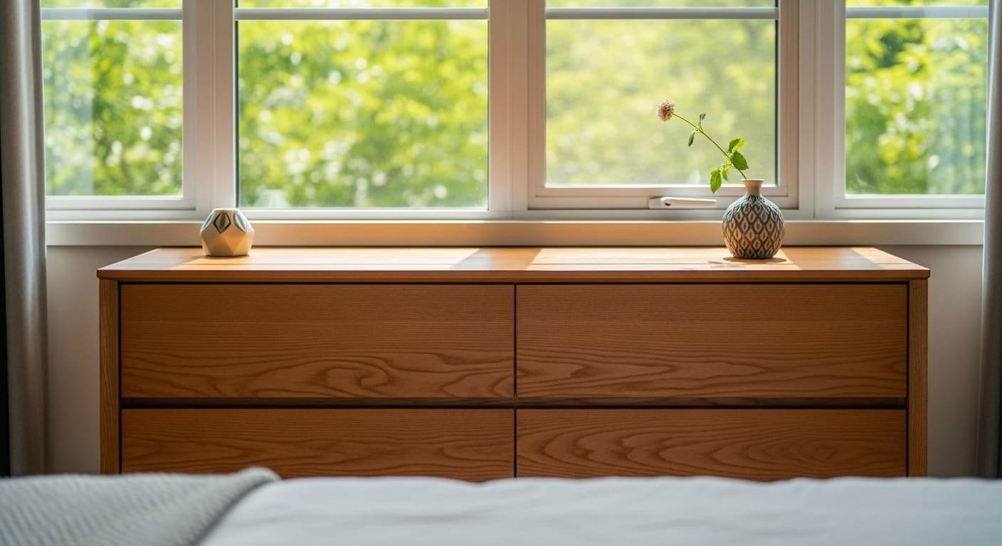 A dresser positioned beneath a window, combining natural light with functional storage.