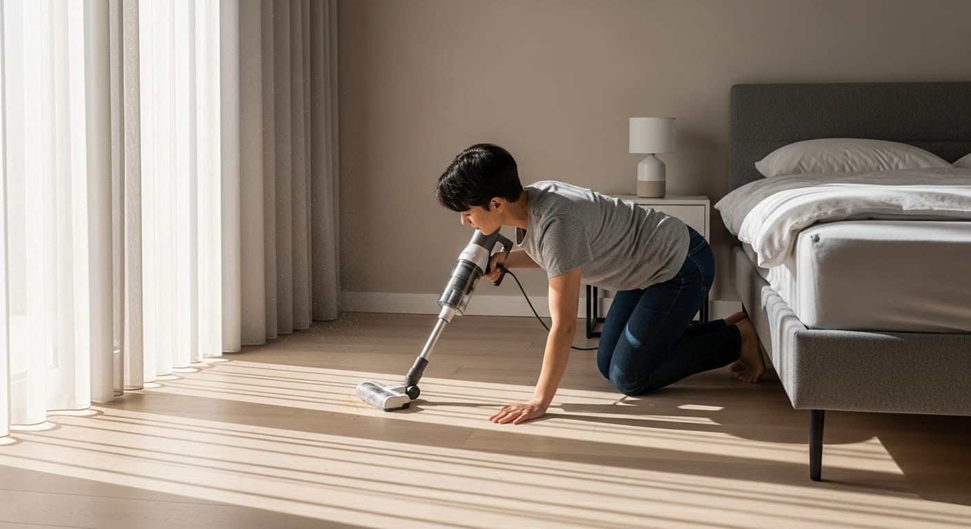 A person vacuuming a bedroom floor, reaching under the bed.
