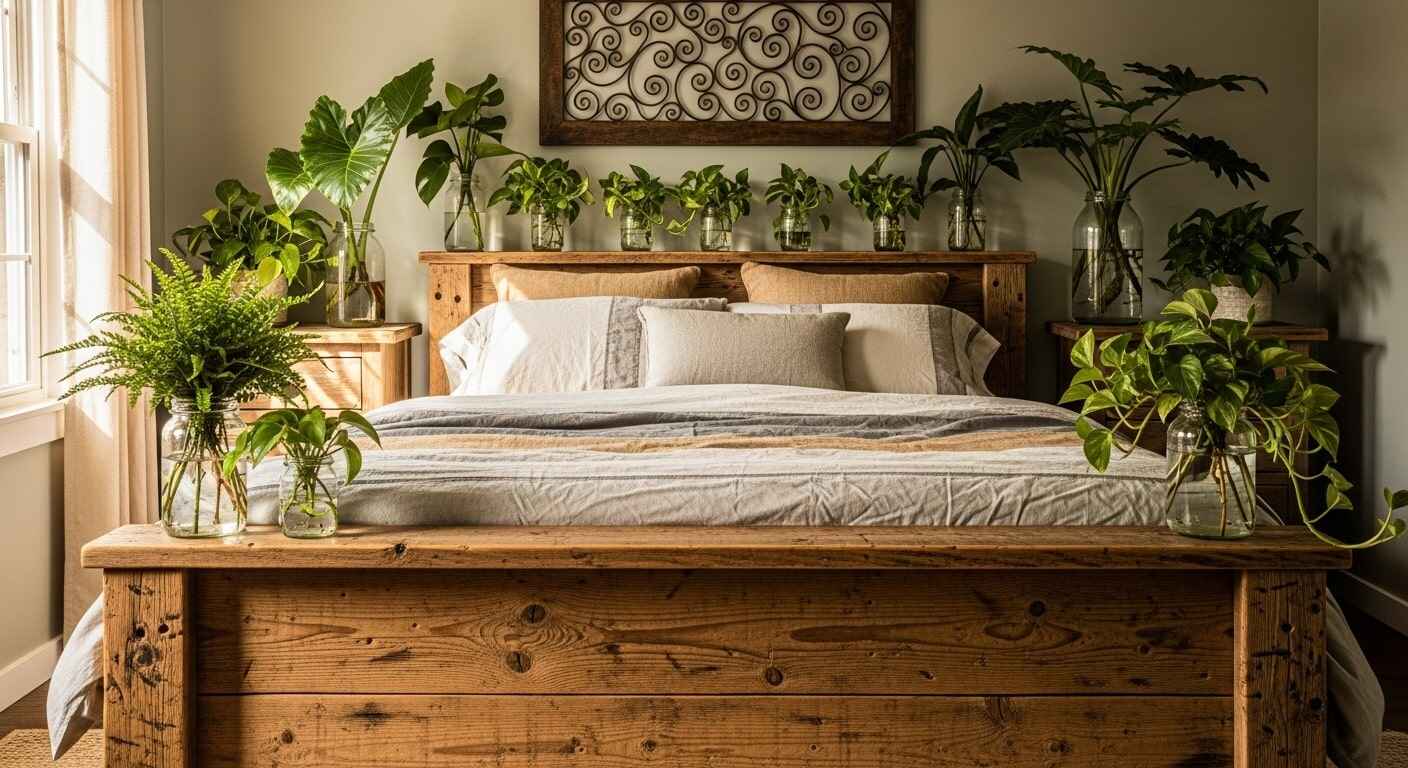 Rustic bedroom design with reclaimed wood furniture, burlap and linen textures, wrought iron decor, and mason jars with leafy plants.