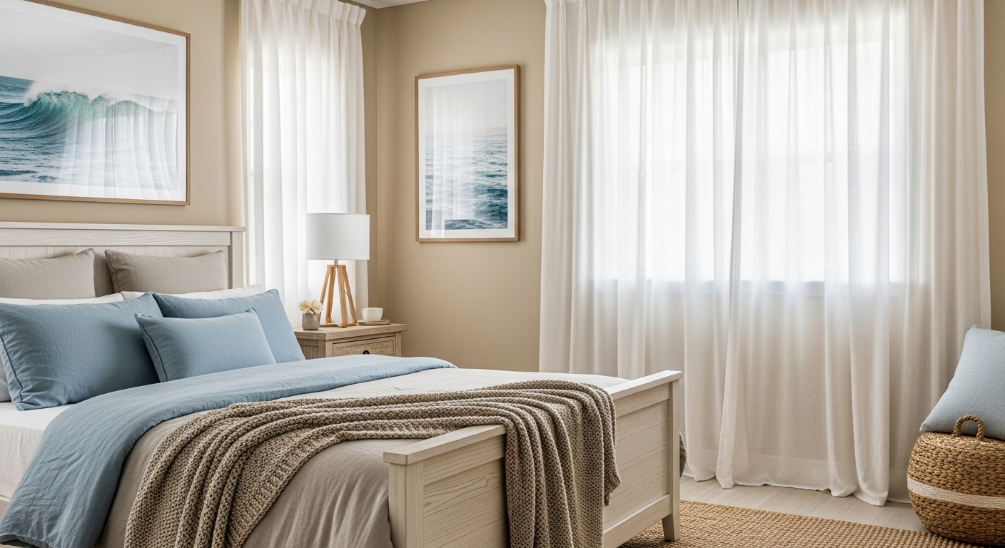 Beach-inspired bedroom with sandy beige and soft blue tones reflecting a calming coastal theme