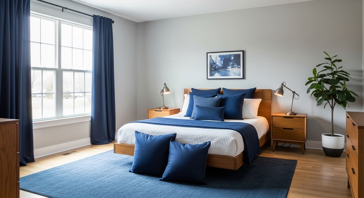 Stylish bedroom with navy blue cushions, rugs, and curtains adding depth to neutral tones.