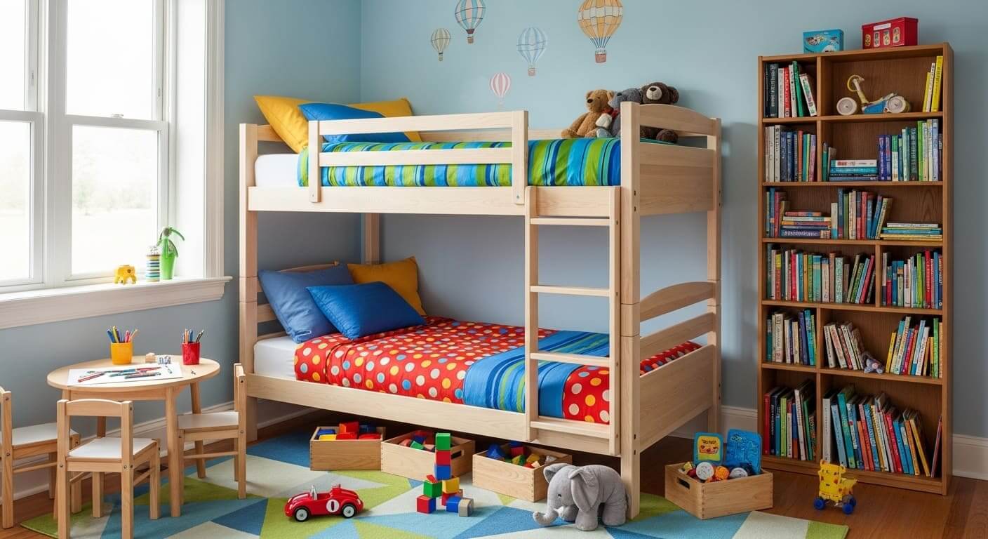 Space-saving wooden bunk beds in a small aesthetic twin bedroom with playful decor