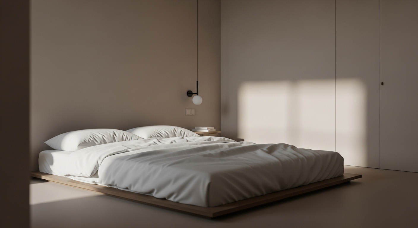 Simple and clean neutral bedroom design with minimal decor and soft lighting