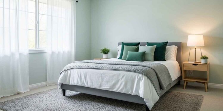 A serene and stylish bedroom with light sage green walls, a gray quilted comforter, and accent pillows in various shades of green. The room features a light wood nightstand with a lamp and a large window with sheer white curtains.
