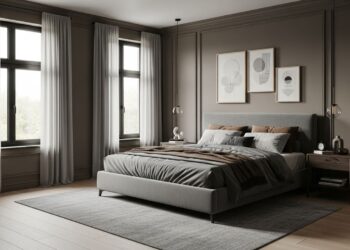 A high-quality, realistic photograph of a stylish masculine bedroom. The walls are painted in a deep dark taupe, complemented by a gray upholstered bed with layered gray and brown bedding. A soft gray rug covers the light wood floor, and two modern nightstands with matching lamps frame the bed. The room features a large window with sheer curtains, a minimalist artwork above the bed, and a wooden wardrobe, all contributing to a cozy yet modern and sophisticated atmosphere. The color palette of dark taupe, gray, and brown creates a perfect blend of comfort and masculine style.