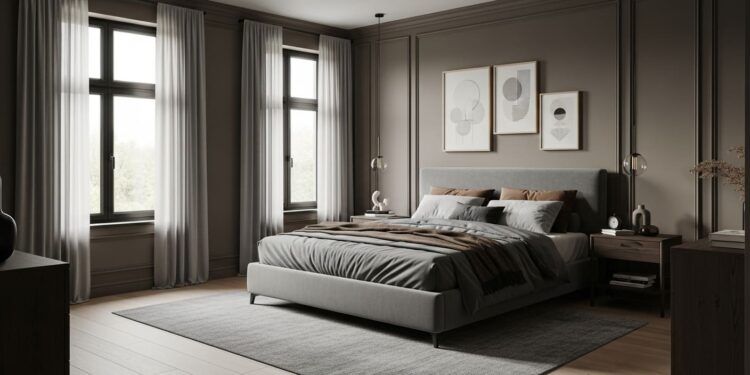 A high-quality, realistic photograph of a stylish masculine bedroom. The walls are painted in a deep dark taupe, complemented by a gray upholstered bed with layered gray and brown bedding. A soft gray rug covers the light wood floor, and two modern nightstands with matching lamps frame the bed. The room features a large window with sheer curtains, a minimalist artwork above the bed, and a wooden wardrobe, all contributing to a cozy yet modern and sophisticated atmosphere. The color palette of dark taupe, gray, and brown creates a perfect blend of comfort and masculine style.