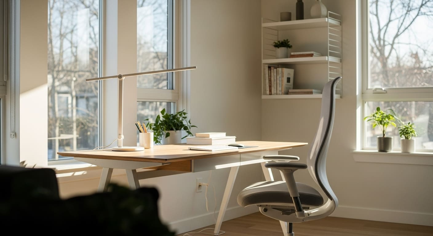 Bright study room with natural sunlight through windows and a sleek desk lamp creating perfect lighting for reading and focus.