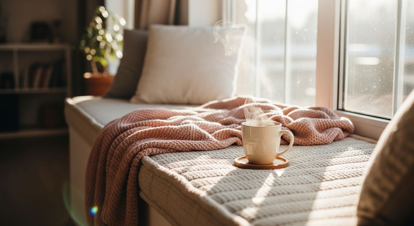 Sunlit window seat with cushions, blanket, and hot tea for a cozy reading nook.