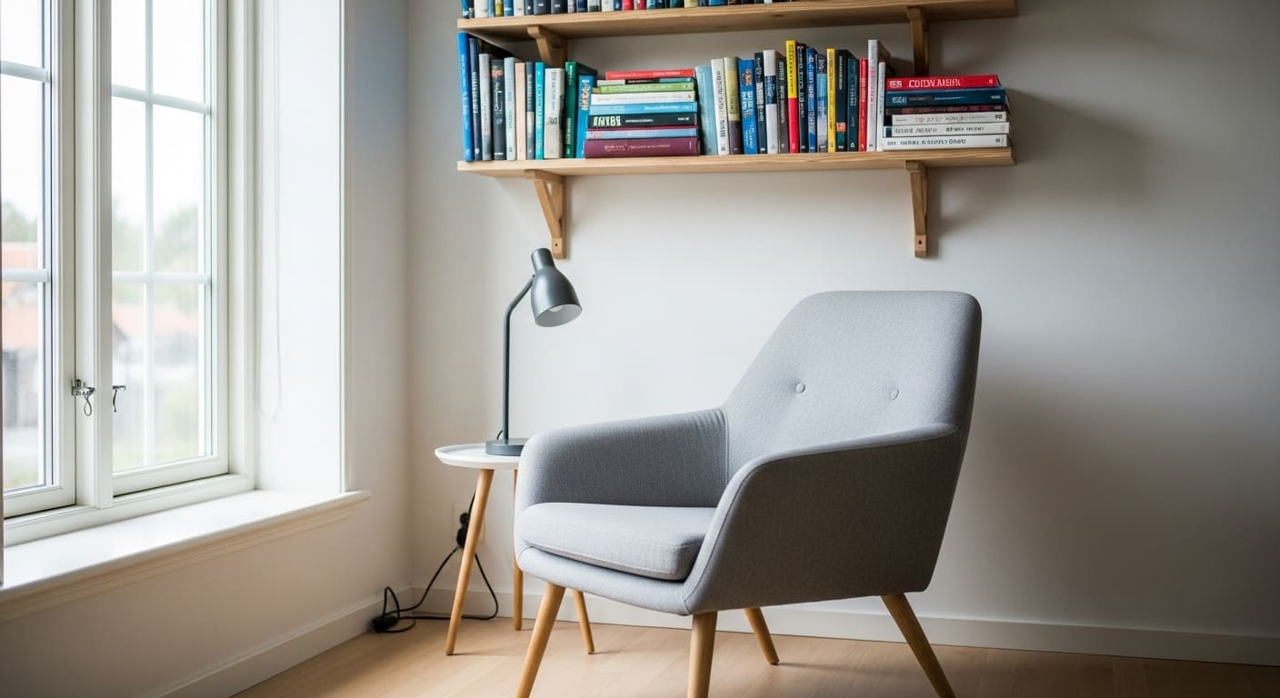 A calm minimalist reading corner featuring a modern chair, wall-mounted shelf with books, and a small lamp in a clutter-free space.
