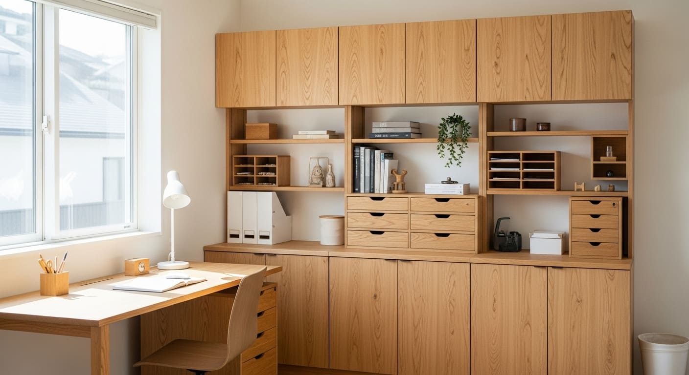 Wooden storage units including cabinets and drawers designed to keep study spaces organized.