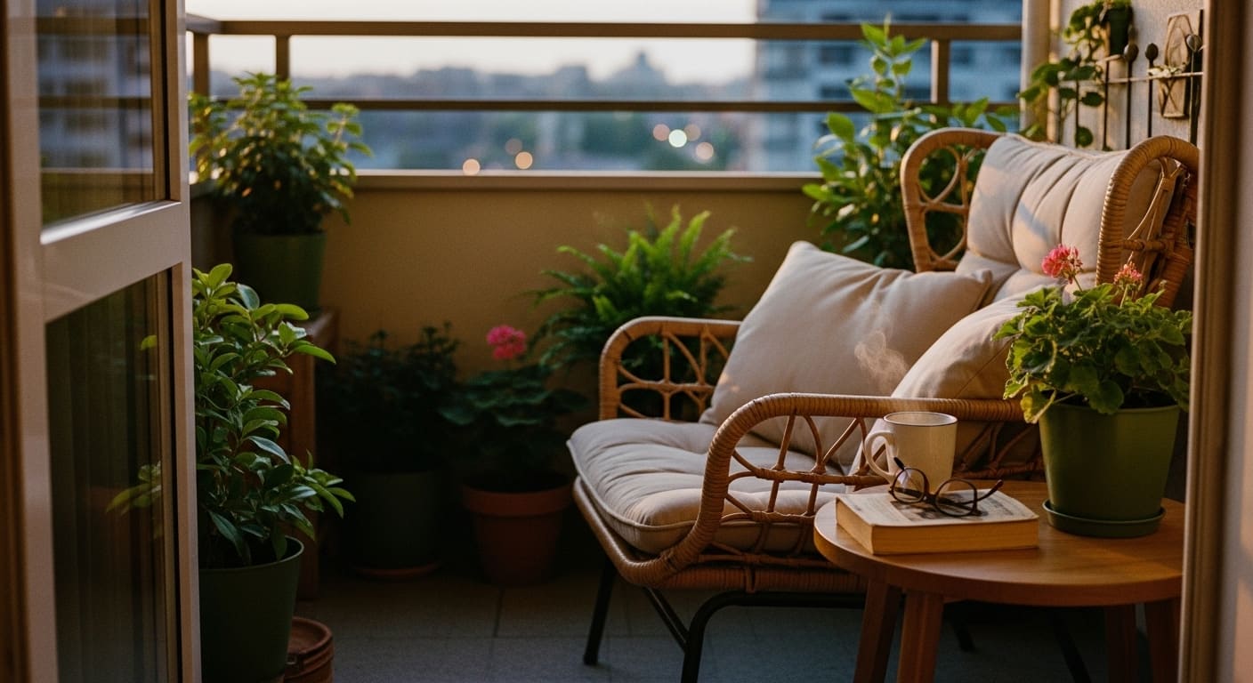 Outdoor balcony reading nook with comfy chair, potted plants, and tea table.