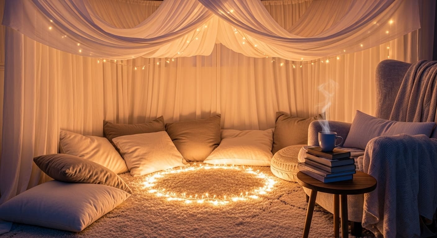 A canopy reading nook with soft cushions, rug, and string fairy lights creating a magical glow.