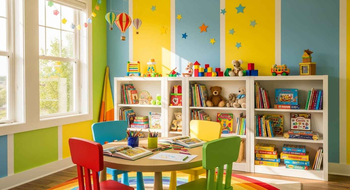 Bright children’s study room with colorful furniture, a small table for group activities, and playful décor.