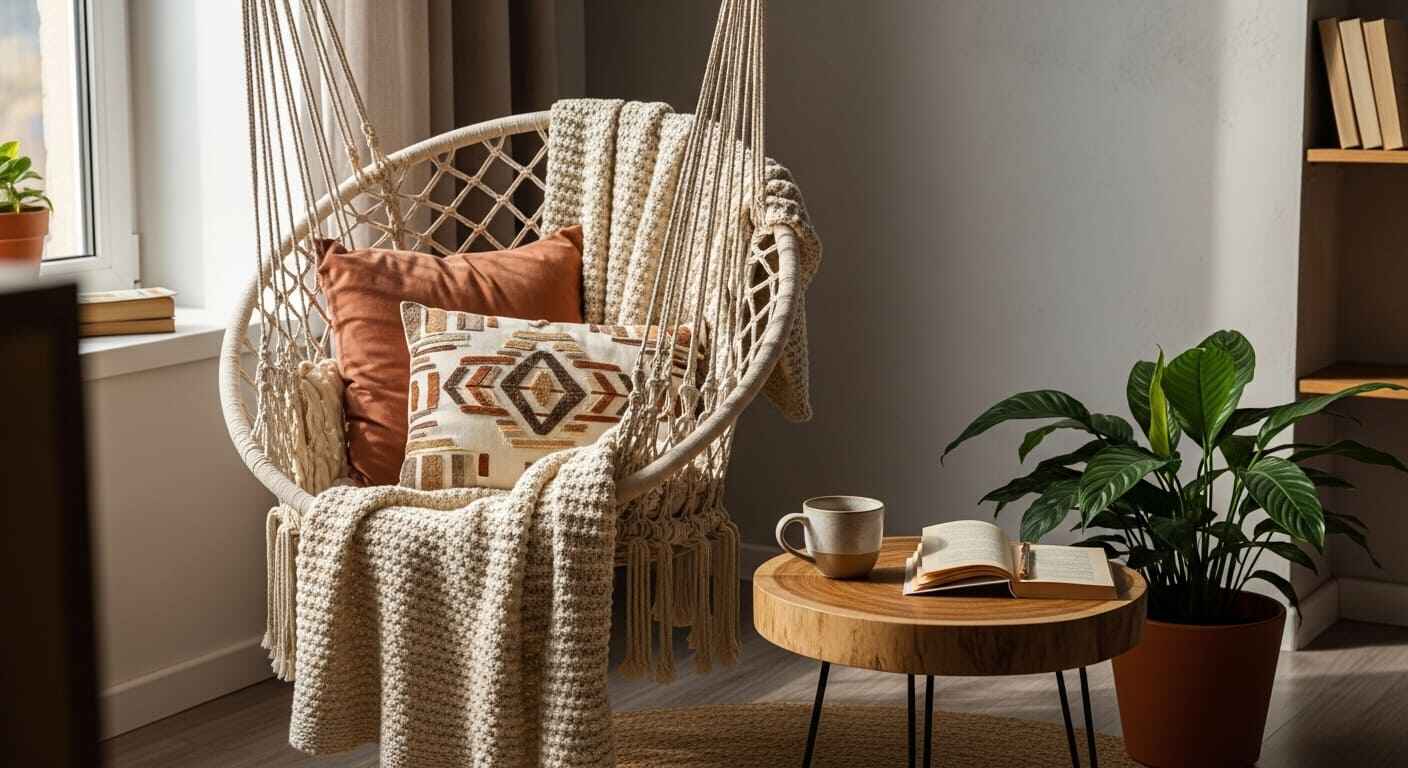 Hammock chair with cushion, blanket, and reading corner decor.