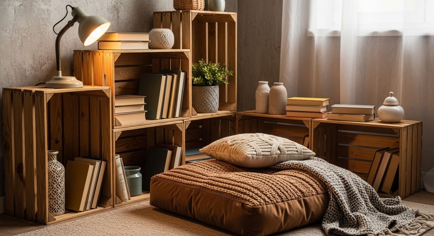 A reading nook with stacked wooden crates for books, a floor cushion, and a small lamp.