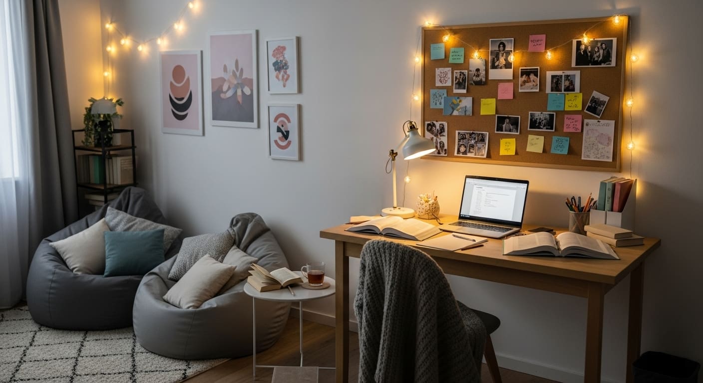 Teen study space with personalized bulletin board, laptop desk, and cozy reading corner.