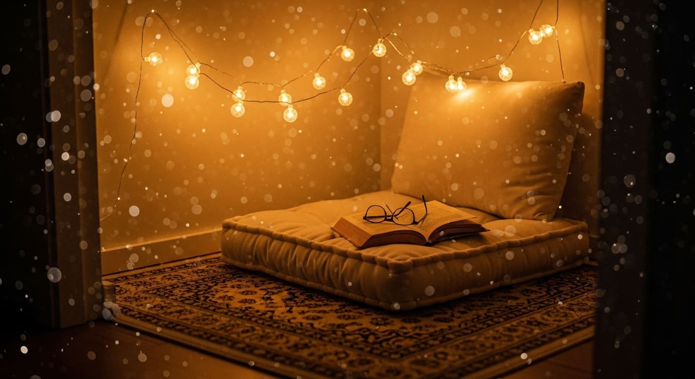 A reading nook featuring a soft rug, string lights, and a cushion for nighttime reading.