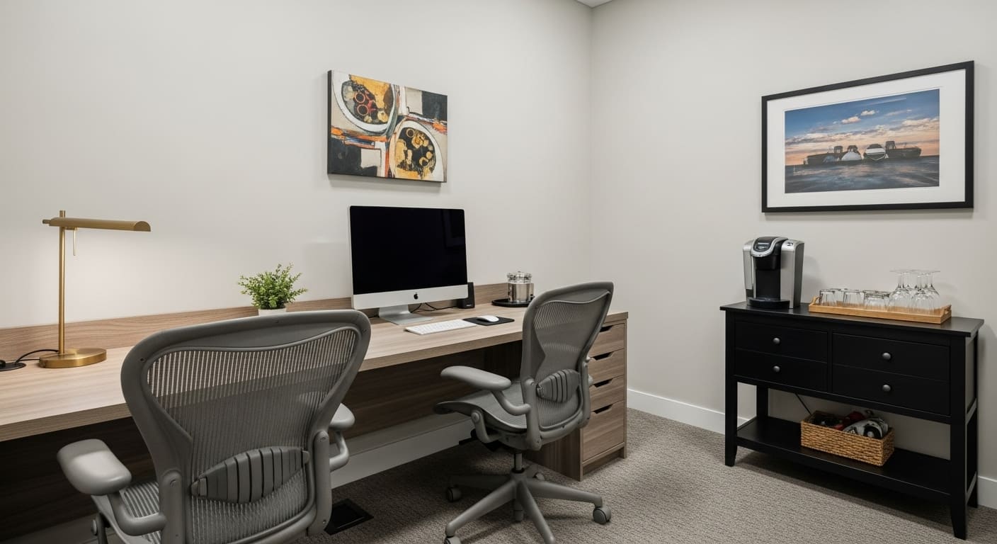 Elegant adult study space with neutral décor, ergonomic desk setup, and a coffee station.