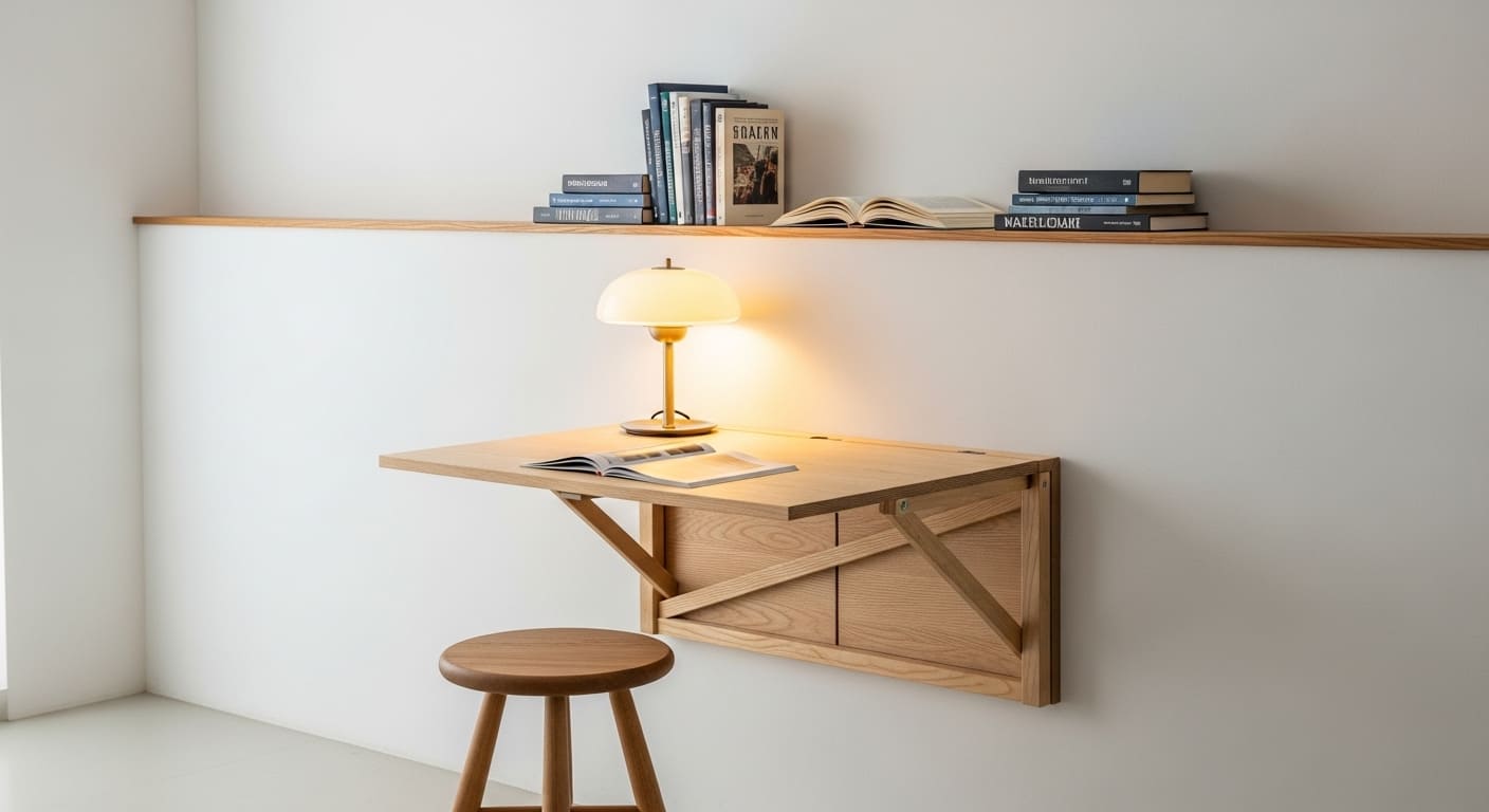 Compact reading nook with wall-mounted desk, stool, and shelves.