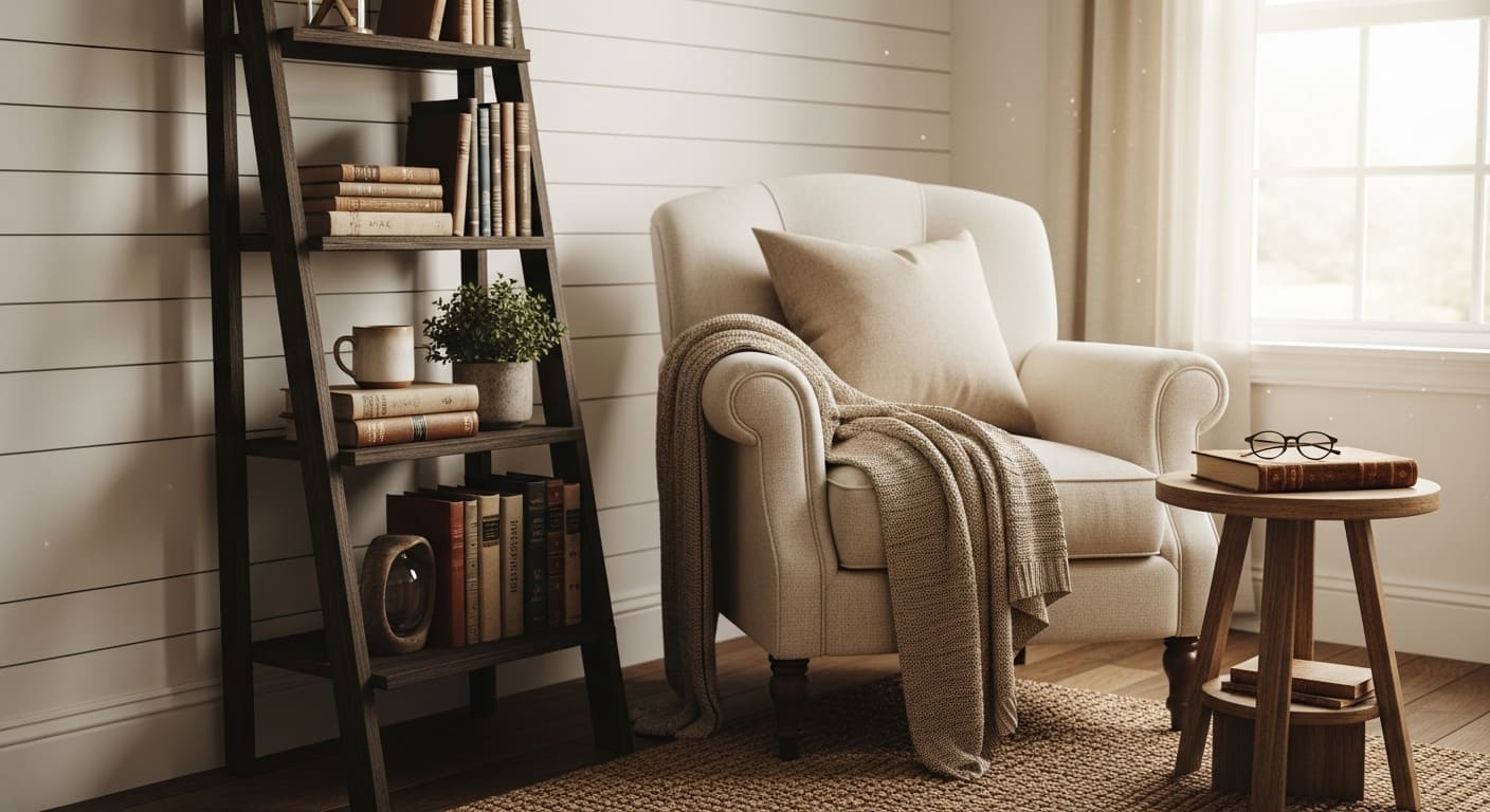 A reading nook with a rustic ladder shelf, books, and a comfortable chair.