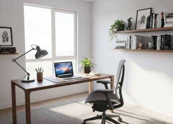 A realistic photo of a beautifully designed, modern study room. The room has a large window letting in natural light, a sleek wooden desk with an ergonomic chair, and a bookshelf filled with books and personal decor. A green plant on the desk adds a touch of nature. The space looks organized, calm, and highly productive.