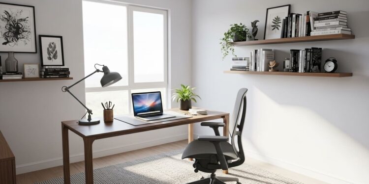 A realistic photo of a beautifully designed, modern study room. The room has a large window letting in natural light, a sleek wooden desk with an ergonomic chair, and a bookshelf filled with books and personal decor. A green plant on the desk adds a touch of nature. The space looks organized, calm, and highly productive.