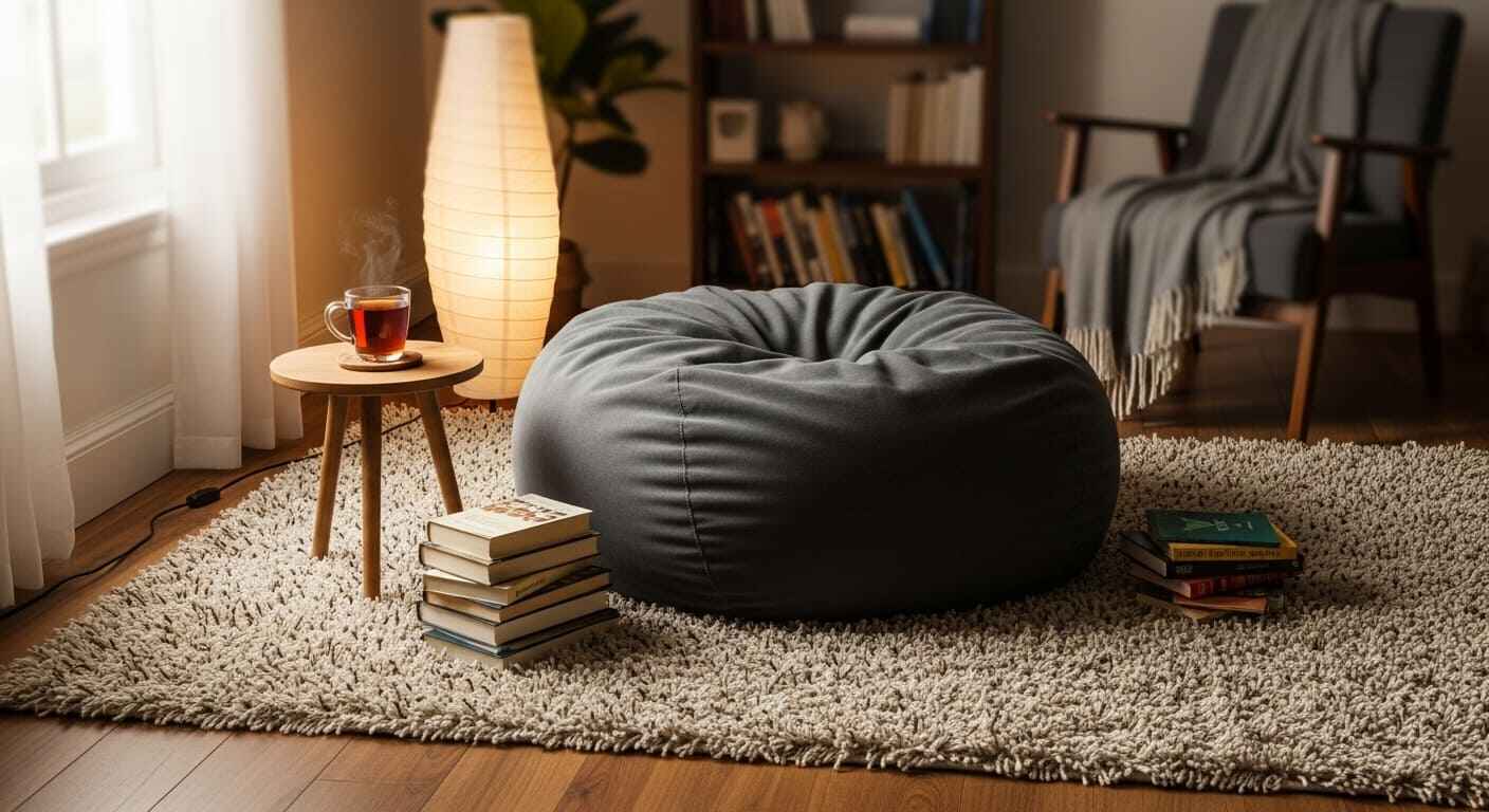 Thick rug with bean bag, lamp, and small bookshelf for reading.