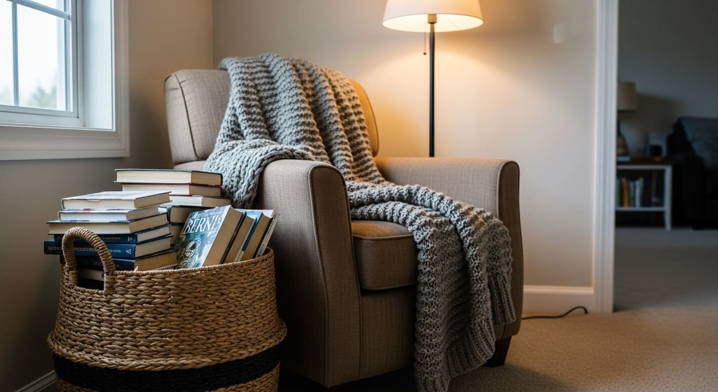 A reading corner with a basket holding books and a blanket, next to a soft chair and lamp.
