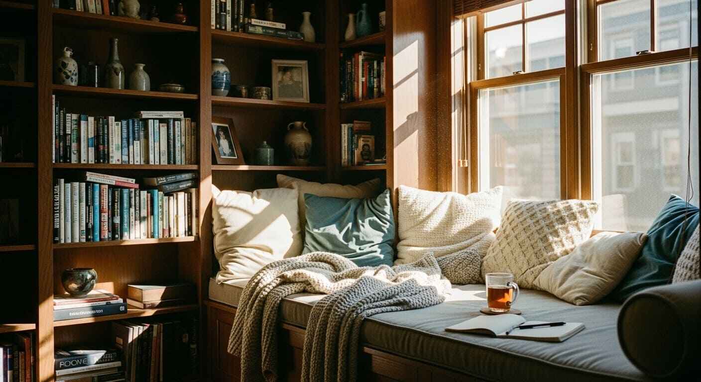 Window seat surrounded by bookshelves with cushions and natural light.