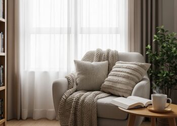 A beautifully decorated reading nook in a bright, sunlit room, featuring a plush armchair, a soft knitted blanket, a small side table with a cup of tea, and a stack of books. The space looks inviting and is surrounded by natural light, evoking a sense of calm and comfort.