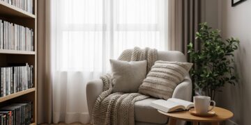 A beautifully decorated reading nook in a bright, sunlit room, featuring a plush armchair, a soft knitted blanket, a small side table with a cup of tea, and a stack of books. The space looks inviting and is surrounded by natural light, evoking a sense of calm and comfort.