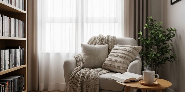 A beautifully decorated reading nook in a bright, sunlit room, featuring a plush armchair, a soft knitted blanket, a small side table with a cup of tea, and a stack of books. The space looks inviting and is surrounded by natural light, evoking a sense of calm and comfort.