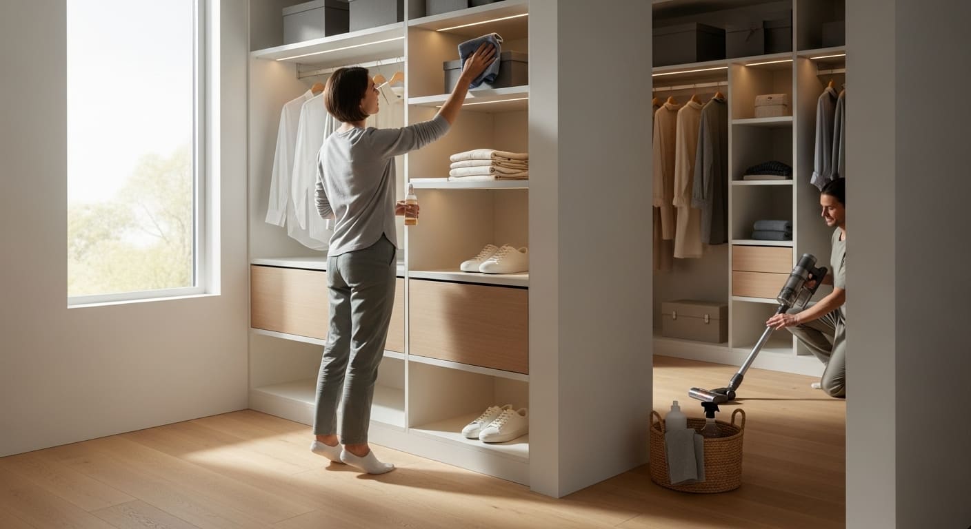 Person cleaning and wiping down closet shelves and vacuuming the floor for a fresh start before organizing.