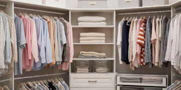 A pristine, well-organized walk-in closet with color-coded clothes, neatly folded sweaters, and storage boxes. The image showcases efficient space utilization and a clean, stress-free environment, illustrating how to organize a closet effectively.